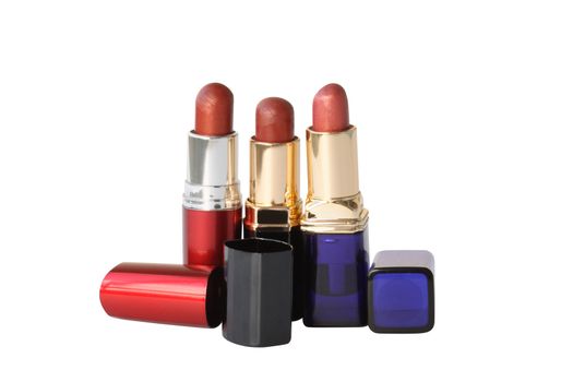 Closeup of various lipsticks on white background isolated with clipping path