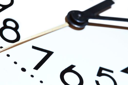 Extreme closeup of clock dial on white background with copy space