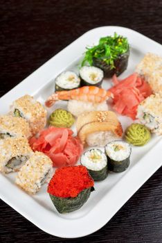 view of closeup japanese sushi set at plate