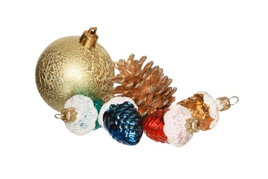 Various Christmas toys lying on white background isolated with clipping path