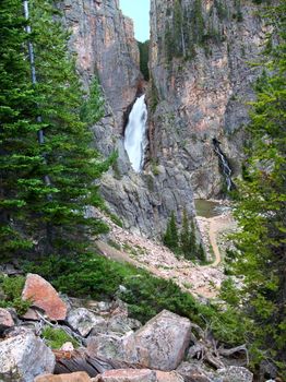 Porcupine Falls seen through the Bighorn National Forest of Wyoming.