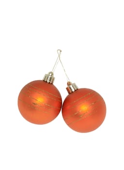 Two ginger Christmas balls hanging on white background. Object with clipping path