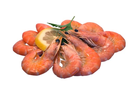 Cooked shrimps and lemon isolated on white background with clipping path
