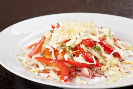 Salad from beef tongue, cervelat, chicken meat, fresh tomatoes, cucumbers, pepper, eggs, cheese and mayonnaise