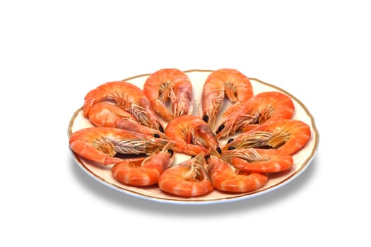 Plate with cooked shrimps on white background. Iisolated with clipping path