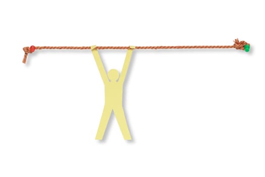 Yellow paper man hanging with red rope. Isolated on white background with clipping path