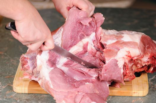 cutting of the big piece of meat