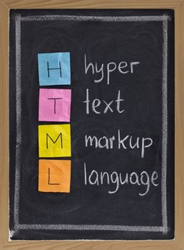 html (hyper text markup language) acronym explained on blackboard, color sticky notes and white chalk handwriting
