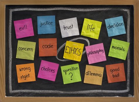 cloud of words related to ethics, color sticky notes on blackboard