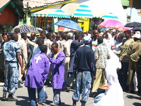 The notorious Ethiopian Federal Police officers controlling the peaceful crowd singing and chanting while accompanying the Tabot (model of the arc of covenant) of St Michael church during Timket (baptism in Amharic) celebrations - The baptism of Jesus (Taken on January 21, 2008)