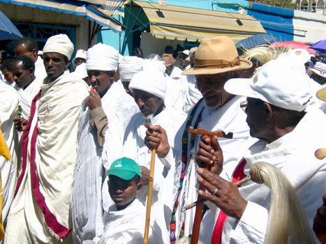 A group of elderly Ethiopian men accompanying the Tabot (model of the arc of covenant) of St Michael church during Timket (baptism in Amharic) celebrations - The baptism of Jesus (Taken on January 21, 2008)