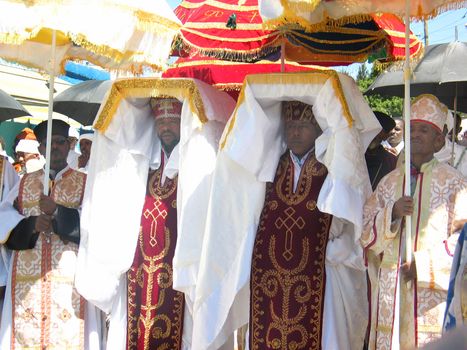 Priests carrying the Tabot (model of the arc of covenant) of St Michael church during Timket (baptism in Amharic) celebrations - The baptism of Jesus (Taken on January 21, 2008)