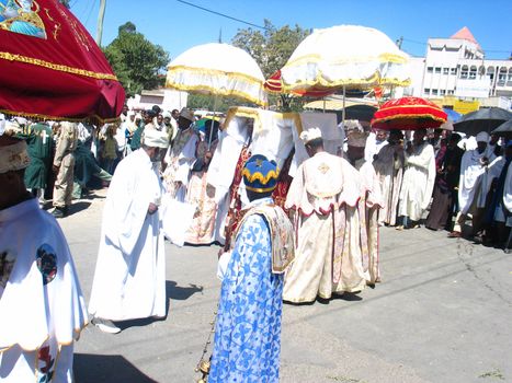 Priests carrying the Tabot (model of the arc of covenant) of St Michael church during Timket (baptism in Amharic) celebrations - The baptism of Jesus (Taken on January 21, 2008)