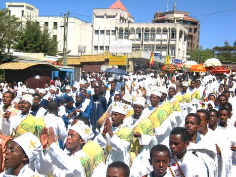 A large crowd singing and chanting while accompanying the Tabot (model of the arc of covenant) of St Michael church during Timket (baptism in Amharic) celebrations - The baptism of Jesus (Taken on January 21, 2008)