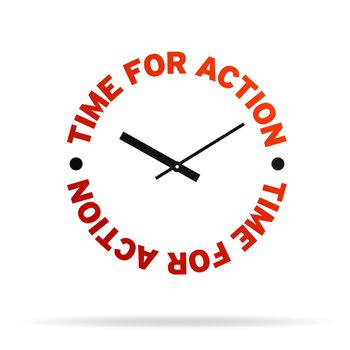 High resolution clock with the words time for action on white background.