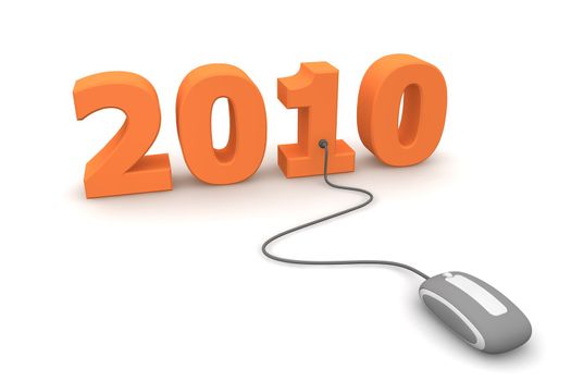 modern grey computer mouse connected to the orange date 2010 - welcome the new year
