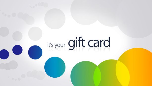 High resolution gift card with colored circular elements.