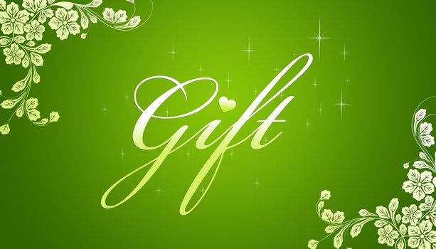 High resolution promotional gift certificate grahic with floral elements on green background.  