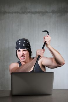 Internet criminal prying information from computer with crowbar