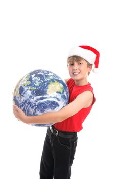 Boy holding globe.  Embracing the love and joy of Christmas around the world.