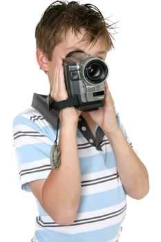 Boy using a handheld digital video camera
