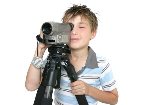 Child creating a short movie using video camera and tripod.  Whtie background