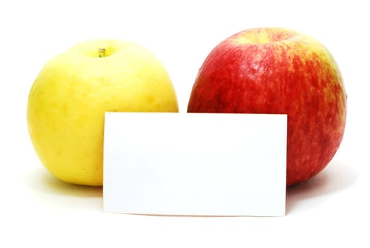 Red and Yellow Apples with Blank Advertisement Card Isolated on White Background with Shadow