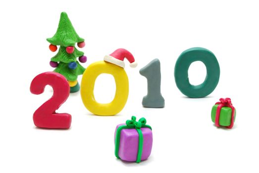 3D New Year Text 2010 Made of Colored Plasticine with Gifts Isolated on White Background