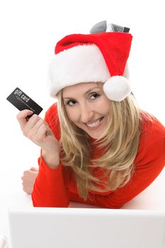 Save your legs.  Blonde santa girl with a gift card or credit or debit card conveniently shopping online.  Add your own card, brochure, etc in her hand  or replace the text with your own design.