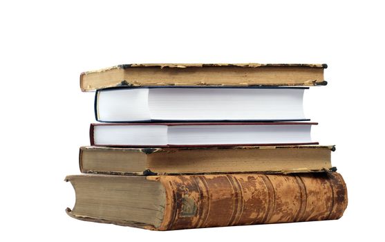 Stack of ancient and modern books isolated on white background with clipping path