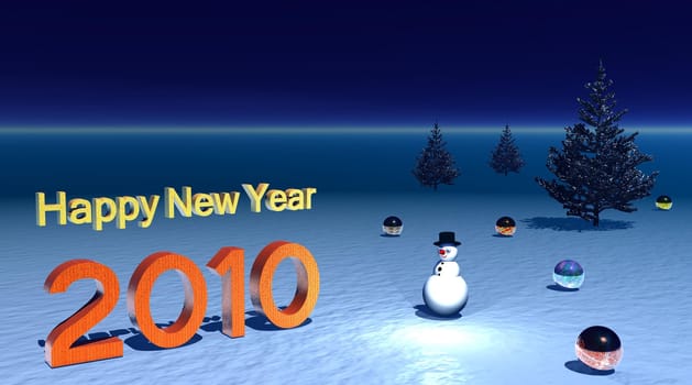 Orange and yellow Happy New Year with one little snowman, somme fir trees and christmas balls on the snow