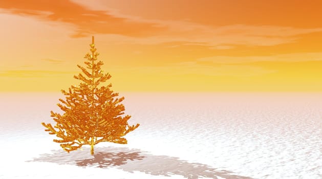 One gold fir tree on snow by orange sunrise background