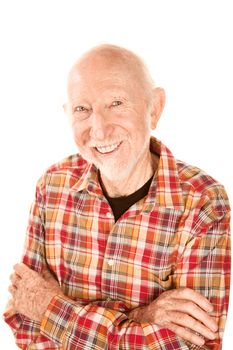Handsome senior man with gray stubble smiling broadly