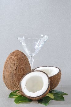 Broken coconut with green plant and empty glass