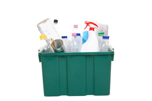 Recycling bin full of plastic bottles, containers, tins and paper products.