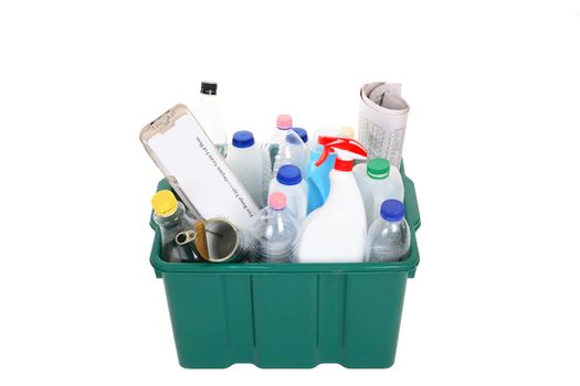 A plastic container full of empty products for recycling.