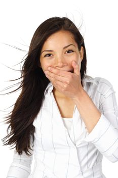 Isolated Portrait of beautiful young woman looking happily surprised.