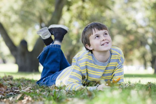 Smiling Boy Lying on Grass in Park Looking Up To Sky