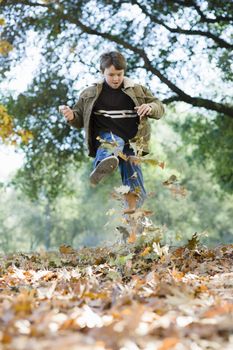 Young Boy Running in Autumn Leaves in a Park