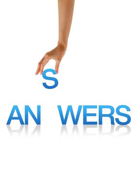 High resolution graphic of a hand holding the letter S from the word Answers.