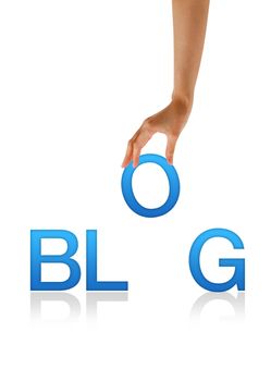 High resolution graphic of a hand holding the letter O from the word Blog.