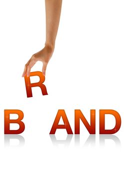 High resolution graphic of a hand holding the letter R from the word Brand.