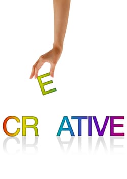 High resolution graphic of a hand holding the letter E from the word Creative.