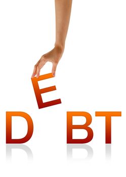 High resolution graphic of a hand holding the letter E from the word debt.