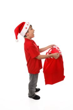 Full length wide-eyed, excited child holds open a red sack catching things.   Blank.  You add your own toys, gifts, books, electronics, stationery,to suit your business or concept..
