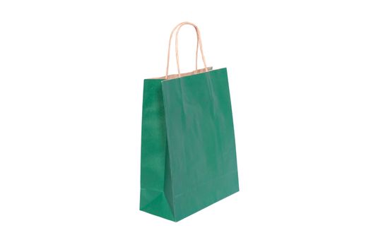 Green paper bag ready for shopping, isolated on white background