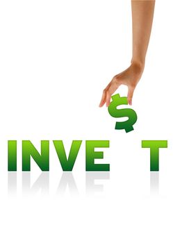 High resolution graphic of a hand holding the $ of the word invest.