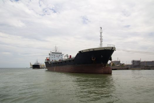 Container ship docked at the harbor