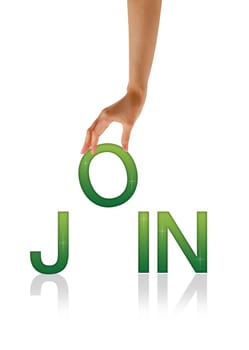 High resolution graphic of a hand holding the letter O from the word Join.