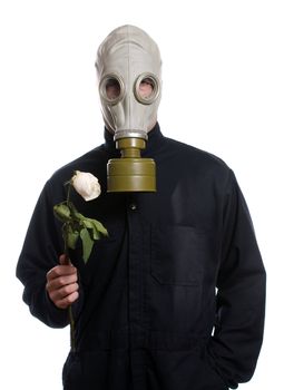 Concept image of a man wearing a breathing apparatus and holding a flower, isolated against a white background